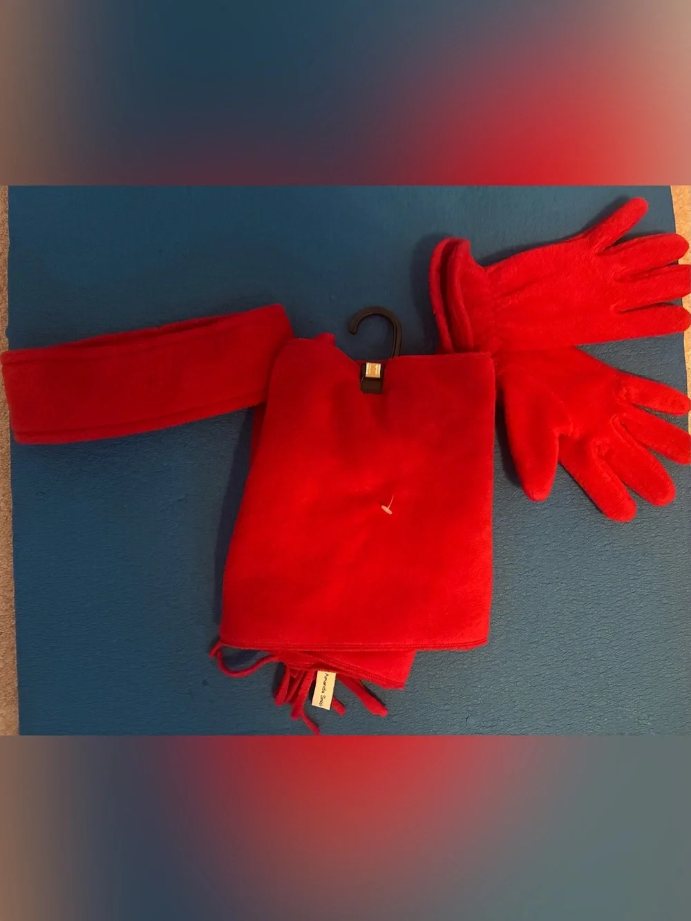 Amanda Smith Bright Red Fringe Scarf, Gloves, and Headband.